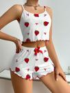 Conjunto De Pijamas Femininos De Verão Com Estampa De Cereja, Top Cropped Com Babados E Costas