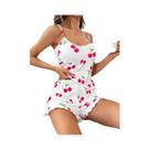 Conjunto De Pijamas Femininos De Verão Respirável E Macio Com Estampa, Top Cami E Shorts Com Renda,