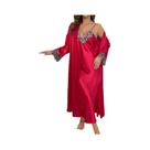 Conjunto De Pijamas Femininos Elegante Com Vestido De Renda Com Decote Em V E Cinto, Manga Longa,