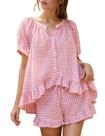 Conjunto de pijamas Flygo Gingham Cotton, 2 peças para mulheres, rosa, tamanho L Conjunto de pijamas Flygo Gingham Cotton, 2 peças para mulheres, rosa, tamanho L