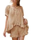 Conjunto de pijamas Flygo Gingham para mulheres de algodão, 2 peças, marrom Conjunto de pijamas Flygo Gingham para mulheres de algodão, 2 peças, marrom