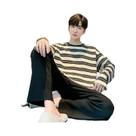 Conjunto De Pijamas Masculinos plus Size Em Preto Com Estampa Xadrez E Listras, Manga Longa, Conjunto De Pijamas Masculinos plus Size Em Preto Com Estampa Xadrez E Listras, Manga Longa,
