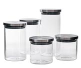 Conjunto de Potes de Vidro com Tampas em Aço Inox 5 Peças Tamanhos Variados