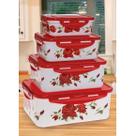 Conjunto de Potes Retangulares Vermelho Floral Tampa com Travas 4 Peças