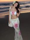 Conjunto De Praia Feminino Com Top Mini Bandeau 3D Floral E Calças Transparentes Com Estampa