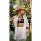 Conjunto de praia verão leve tricot calça cordão ajustável camisa aberta moda feminina