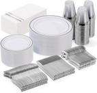 Conjunto de pratos de plástico descartáveis GATHER branco/prata de 350 unidades