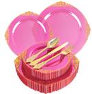 Conjunto de pratos de plástico Joyido Hot Pink com talheres dourados 125 unidades