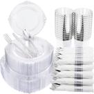 Conjunto de pratos de plástico Morejoy Clear Silver 350 unidades para 25 convidados