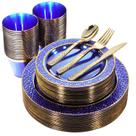 Conjunto de pratos de plástico Nervure Clear Blue com ouro 150 unidades