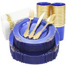 Conjunto de pratos de plástico Nervure Clear Blue com ouro 175 unidades