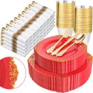 Conjunto de pratos de plástico vermelho Nervure Party Supplies para 50 convidados