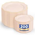 Conjunto de pratos de plástico WDF 200PCS com aro de ouro rosa para festa