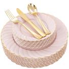 Conjunto de pratos de plástico YOUBET 125 peças rosa com borda dourada Conjunto de pratos de plástico YOUBET 125 peças rosa com borda dourada