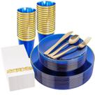 Conjunto de pratos de plástico YOUBET Clear Blue com borda dourada 175 unidades