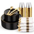 Conjunto de pratos descartáveis KIRE Black com acabamento dourado 175 unidades
