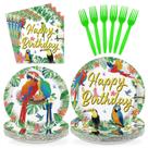 Conjunto de Pratos para Festa Greencian 96 Peças Tema Tropical com Papagaios Conjunto de Pratos para Festa Greencian 96 Peças Tema Tropical com Papagaios