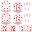 Conjunto de pratos para festa Yiaoyinnz com laço e morango, 96 peças, rosa Conjunto de pratos para festa Yiaoyinnz com laço e morango, 96 peças, rosa