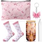 Conjunto de presente Boao Pink Bow Glass Cup Socks Cosmetic Bag Chaveiro