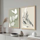 Conjunto de Quadros Decorativos com Moldura Folhas Tons Verde e Bege Sala Quarto Kit 2