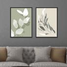 Conjunto de Quadros Decorativos com Moldura Folhas Tons Verde e Bege Sala Quarto Kit 2
