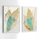 Conjunto de Quadros Decorativos com Moldura Folhas Verde e Dourada Sala Quarto Kit 2 Conjunto de Quadros Decorativos com Moldura Folhas Verde e Dourada Sala Quarto Kit 2