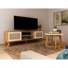 Conjunto de Rack Charlotte 2 PT com Mesa de Centro Redonda Jasmin Off White e Carvalho Conjunto de Rack Charlotte 2 PT com Mesa de Centro Redonda Jasmin Off White e Carvalho