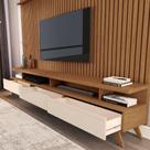 CONJUNTO DE RACK + PAINEL VIVA 100% RIPADO COR FREIJÓ / OFF WHITE 2.20m PARA TV ATÉ 75'' POLEGADAS COM 3 GAVETAS PÉS RETRÔ