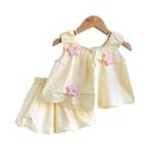 Conjunto De Roupa De Verão 3D Floral Para Meninas, Top Sem Mangas E Shorts 2 Peças, Design De Botão