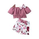 Conjunto De Roupa Infantil Com Top De Ombros Descobertos Decorado Com Laço Rosa E Shorts Florais