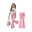 Conjunto De Roupa Para Meninas Com Estampa De Leopardo, Top Branco E Calças Boca De Sino Rosa,