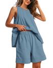 Conjunto de roupas: camiseta regata feminina sem mangas Gozoloma com shorts, azul-cinza Conjunto de roupas: camiseta regata feminina sem mangas Gozoloma com shorts, azul-cinza