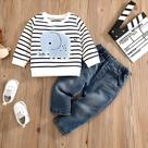 Conjunto de Roupas de Bebê - Jeans Listrado com Elefante - Primavera/Outono (0-24 Meses)