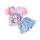 Conjunto De Roupas De Verão Para Meninas, 2 Peças, Camiseta Com Mangas Bufantes De Unicórnio,