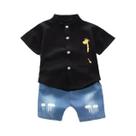 Conjunto de Roupas Infantil Verão - Camisa Jeans e Shorts com Desenho Animado Conjunto de Roupas Infantil Verão - Camisa Jeans e Shorts com Desenho Animado
