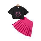 Conjunto De Roupas Infantis Com Camiseta Preta Com Estampa De Sorriso E Saia Plissada Rosa, Moda
