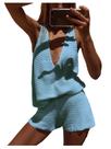 Conjunto de roupas MakeMechic para mulheres de verão com decote em V profundo, azul