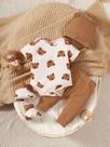 Conjunto De Roupas Para Bebê Menino Recém-Nascido 0-9 Meses Macacão Com Estampa De Urso Calças