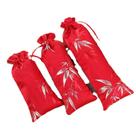 Conjunto de sacolas de presente, brocado de seda, folha de bambu, cordão, 3 peças