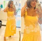 Conjunto de saia e blusa , na cor amarela, feminino, adulto, tecido linho, tamanho M, luxo bambola Conjunto de saia e blusa , na cor amarela, feminino, adulto, tecido linho, tamanho M, luxo bambola