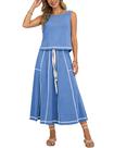 Conjunto de saia HOWALOOK feminino de algodão sem mangas, drapeado, azul Conjunto de saia HOWALOOK feminino de algodão sem mangas, drapeado, azul