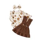 Conjunto De Saia Marrom Para Bebê Menina Com Blusa De Manga Longa Estampada Com Flores E Saia Com