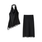 Conjunto De Saia Midi De Renda E Cetim Para Mulheres, Top Halter, Roupas Elegantes De Verão Conjunto De Saia Midi De Renda E Cetim Para Mulheres, Top Halter, Roupas Elegantes De Verão