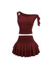 Conjunto de saias SOLY HUX, feminino, sem ombros, Y2k, babados, cor de vinho Conjunto de saias SOLY HUX, feminino, sem ombros, Y2k, babados, cor de vinho
