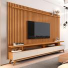 Conjunto de Sala Painel Ripado e Rack Roma Nature Off White