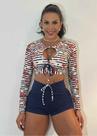 Conjunto de Short Azul Marinho e Top de Manga Estrela do Mar Amarelo com Zero Transparência
