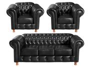 Conjunto de Sofá 3 Lugares e 2 Poltronas Chesterfield Luís Xv Preto