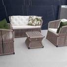 Conjunto de Sofá em Corda Náutica Bambu - 1 Sofá 2l + 2 Poltronas + 1 Mesa Centro - Tecido Duna Cru
