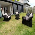Conjunto de Sofá em Corda Náutica Bambu - 1 Sofá 2l + 2 Poltronas + 1 Mesa Centro- Tecido Duna Cru