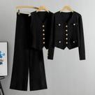 Conjunto De Suéter Cardigã Listrado Feminino De Manga Longa 3 Peças Com Calças De Perna Larga Conjunto De Suéter Cardigã Listrado Feminino De Manga Longa 3 Peças Com Calças De Perna Larga